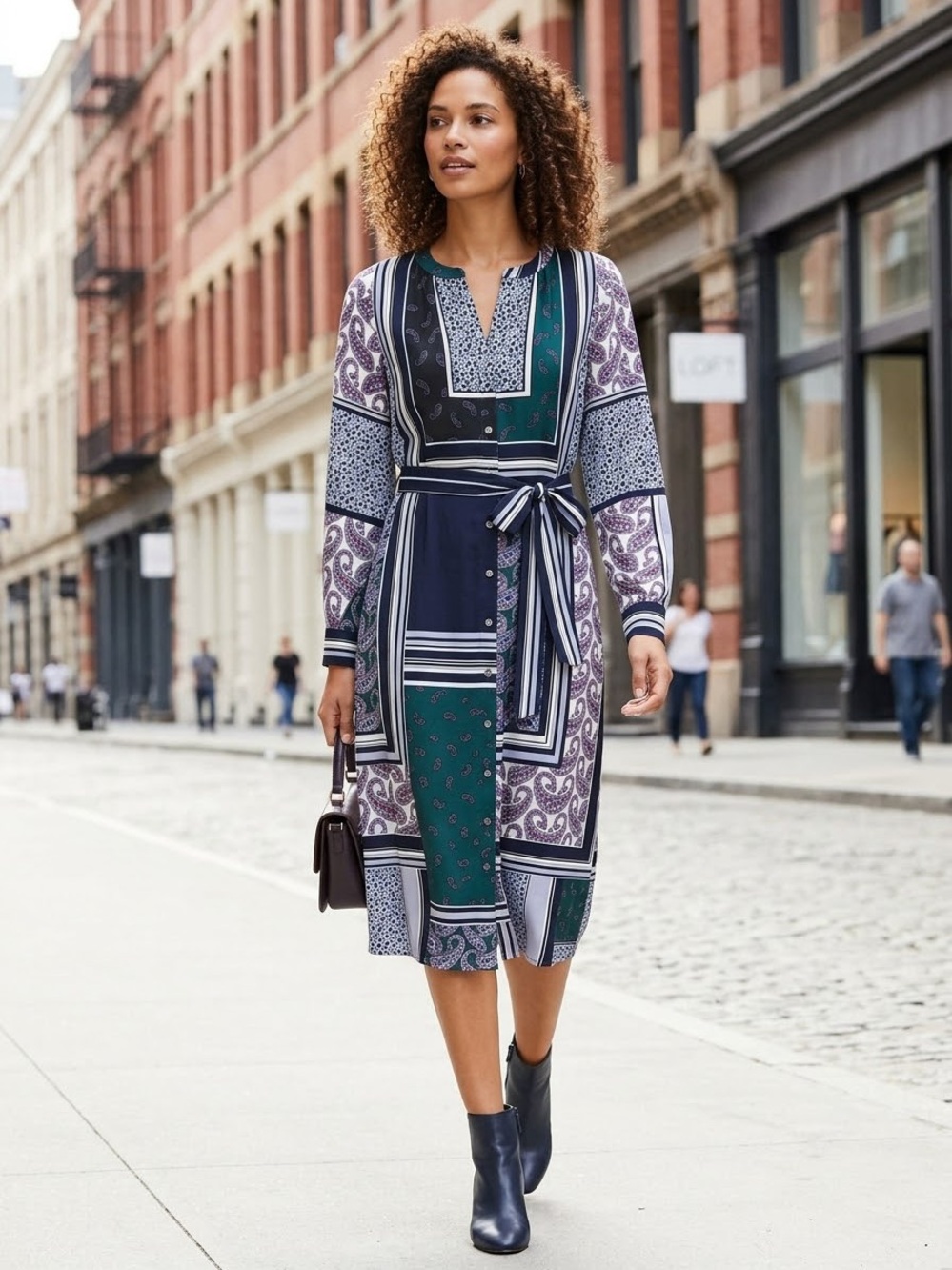 LOFT Navy, Green & Purple Paisley-Stripe Long Sleeve Shirt Dress